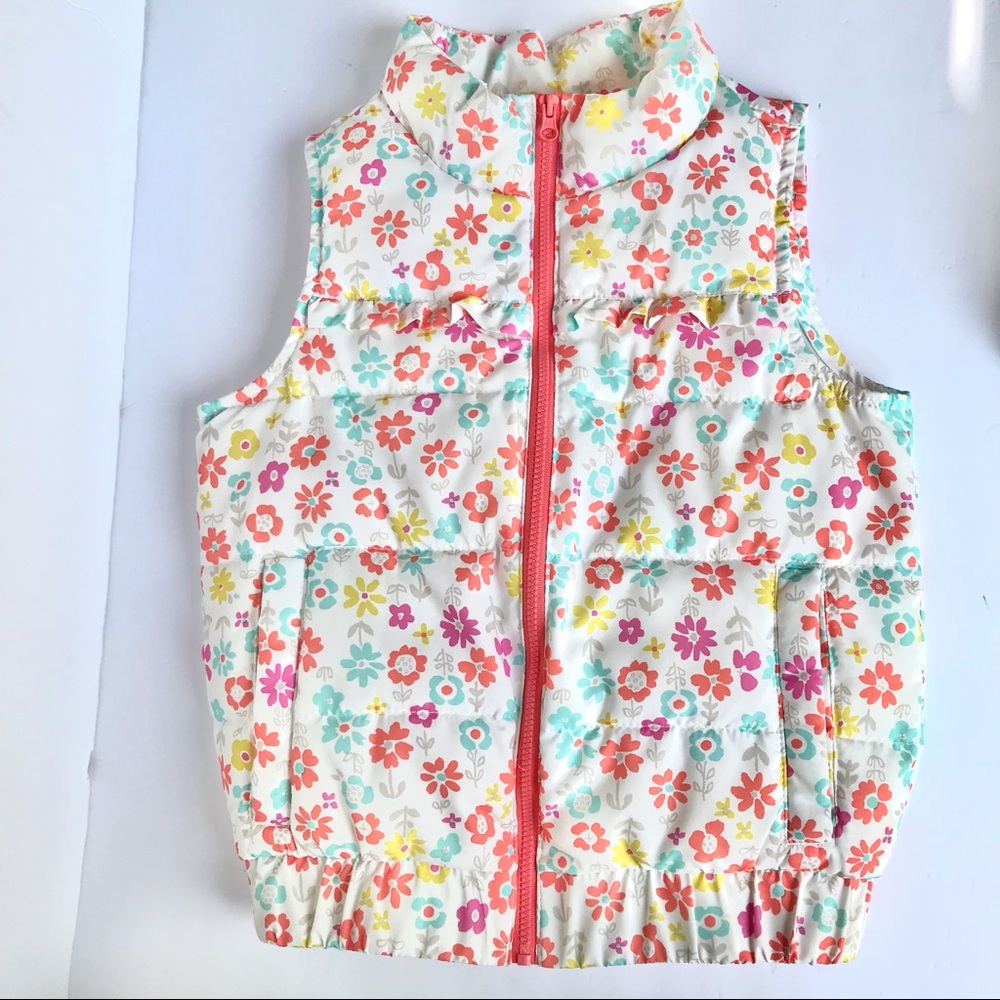 Osh Kosh Floral Puffer Vest White Coral Pink 5T